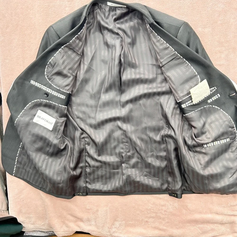 Braveman Mens 3 Piece Suit Set Charcoal Grey White Piping Blazer Vest Pants